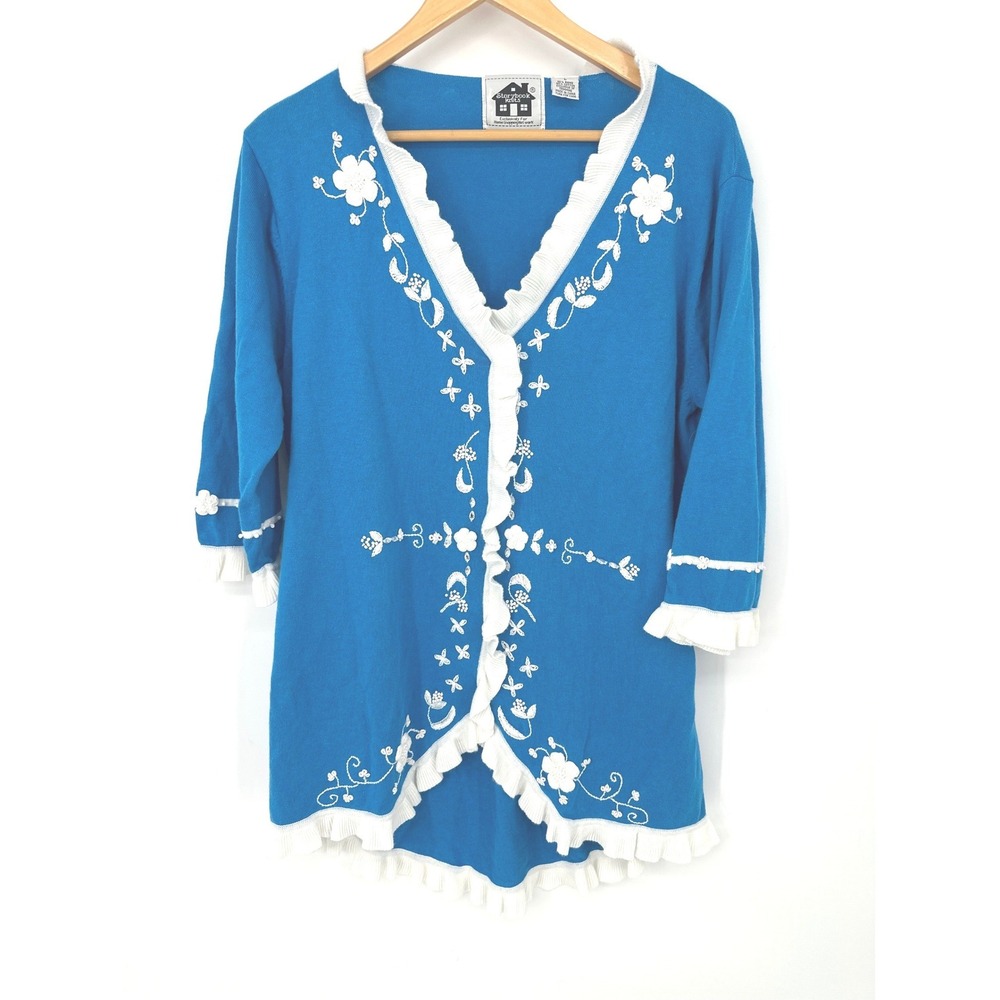 Storybook‎ Knits Cardigan Sweater Women L Blue Floral Ruffle Bead Cottage Granny